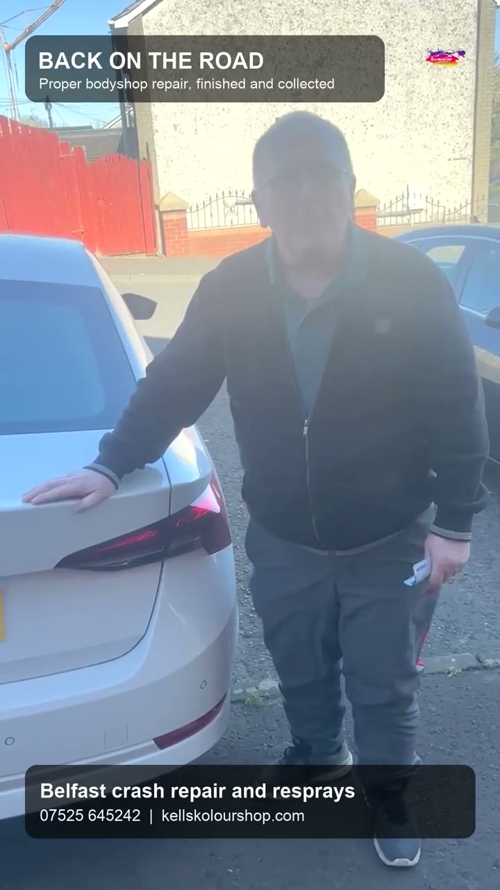 Customer with his repaired car at Kell's Kolour Shop