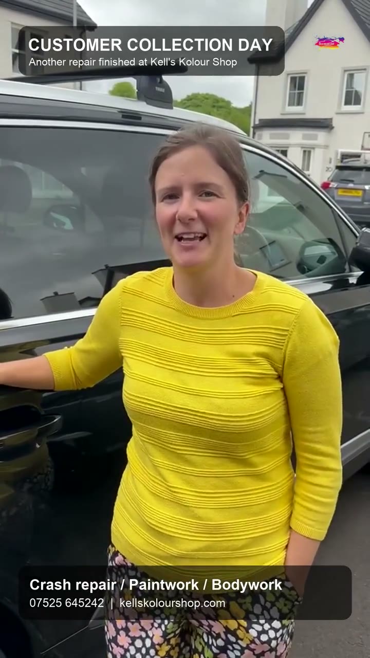 Customer collecting her repaired car from Kell's Kolour Shop